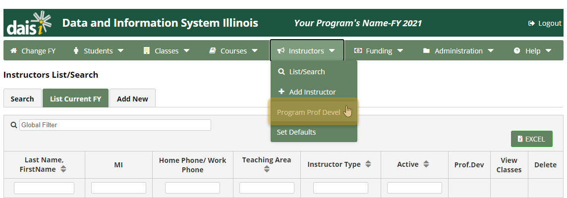 Navigation Bar with Instructors drop-down menu expanded; the Program Prof Devel option is highlighted