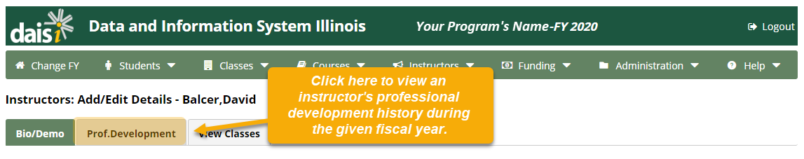 Instructor page with Prof. Development sub-menu option highlighted
