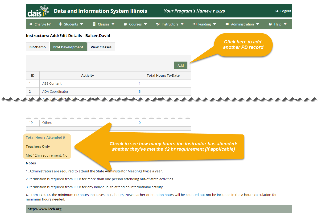 Instructor page with Prof.Development sub-menu option selected; the "Total Hours Attended" section is highlighted