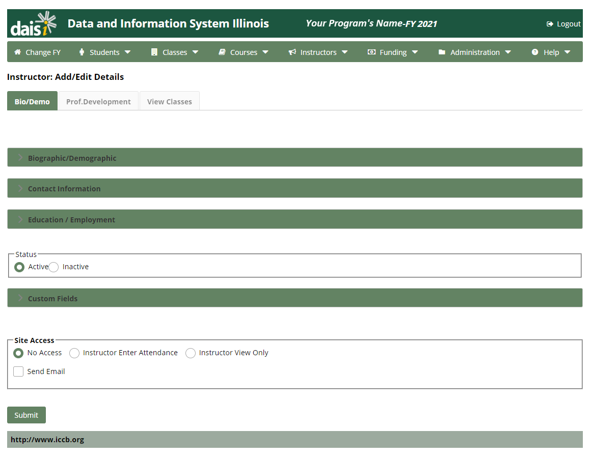 Instructor: Add/Edit Details page