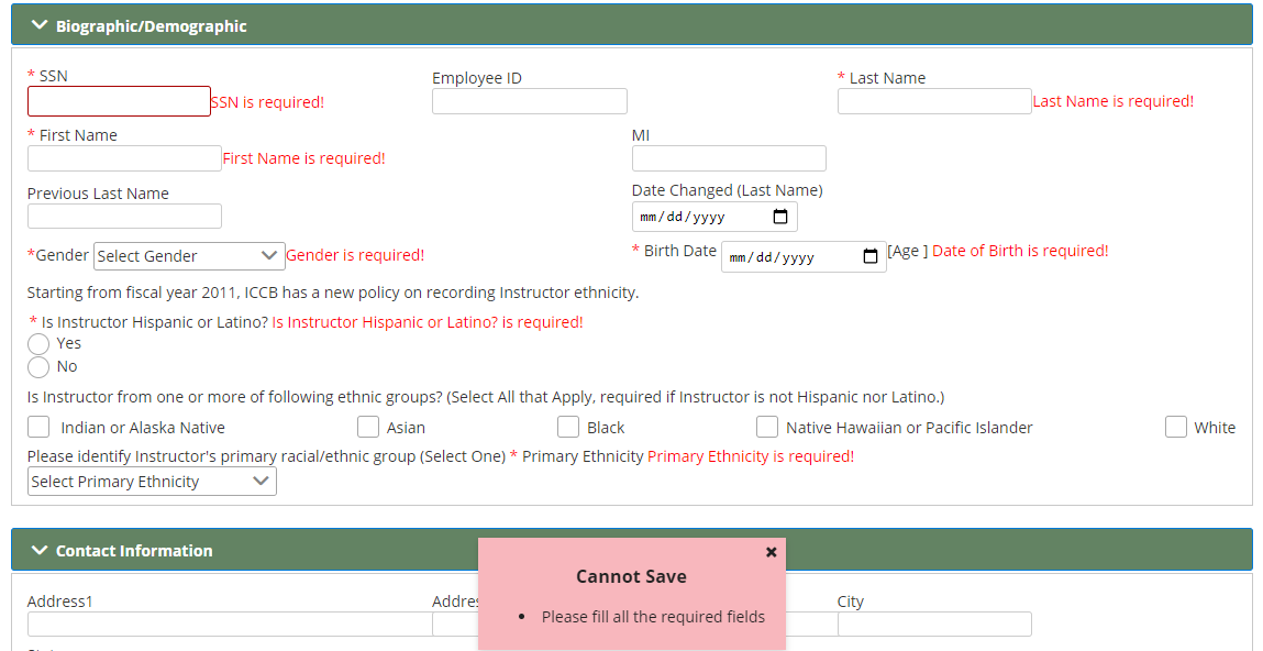 Instructor: Add/Edit Details page with error message that reads: "Cannot Save/Please fill all the required fields"