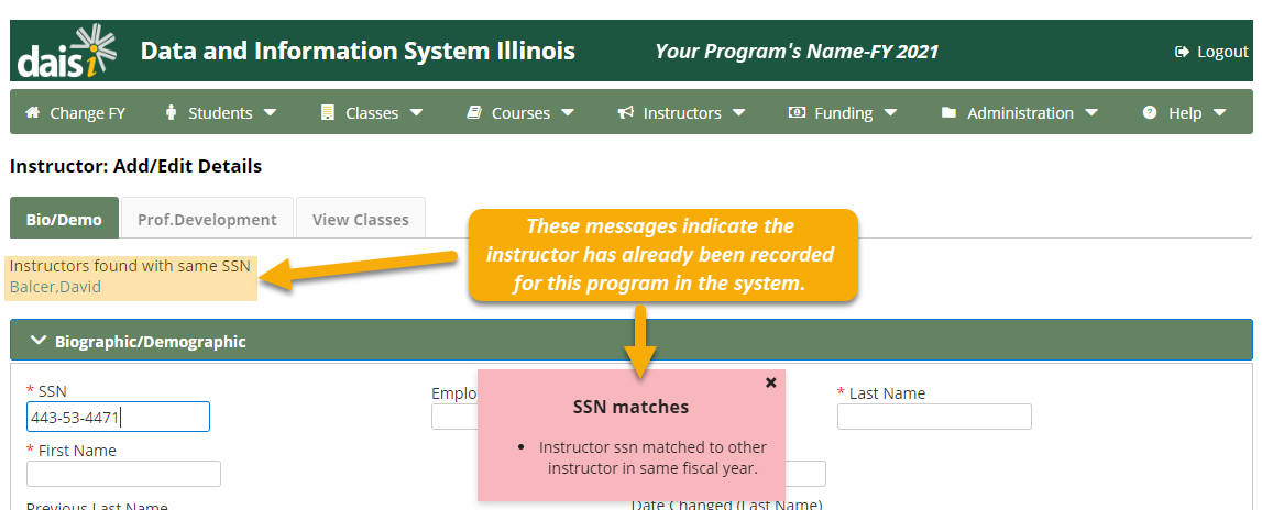 Instructor: Add/Edit Details page with error message that reads: "SSN Matches/Instructor ssn matched to other instructor in the same fiscal year"
