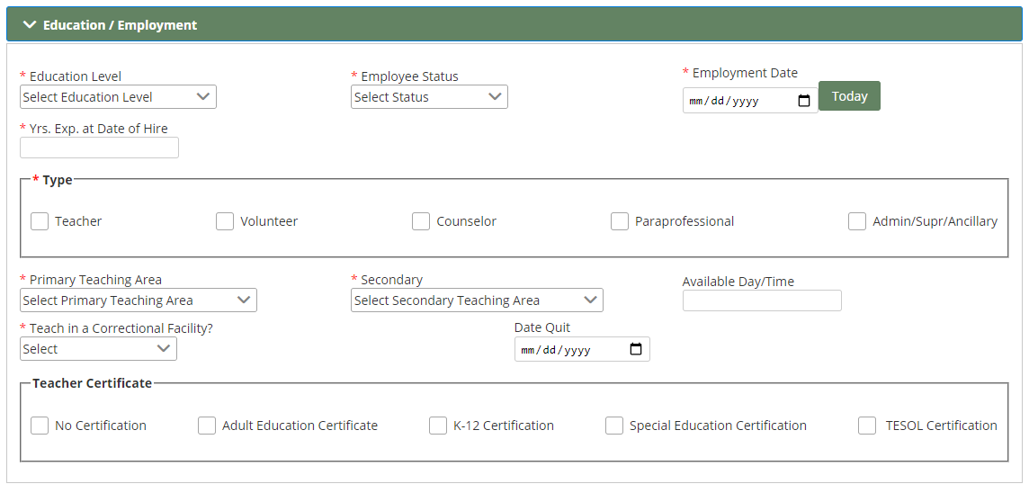 Education/Employment section of Instructor: Add/Edit Details page