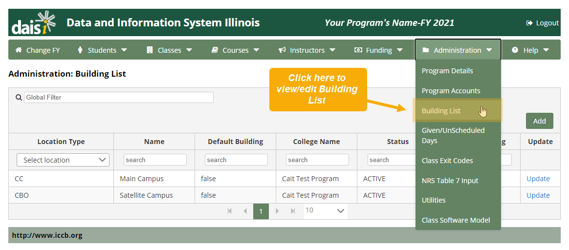 Administration: Building List page with Administration drop-down menu expanded