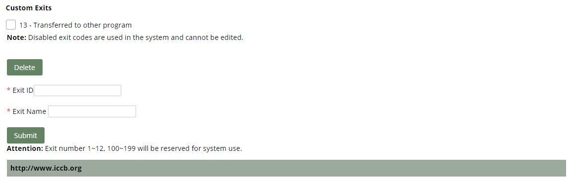 Custom Exits section of the Administration: Class Exit Codes page