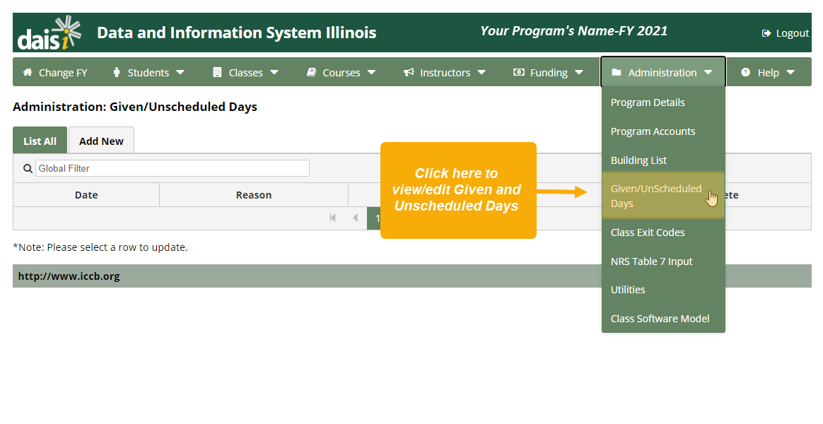 Administration: Given/Unscheduled Days page with Administration drop-down menu expanded. The Given/Unscheduled Days option from the drop-down menu is highlighted