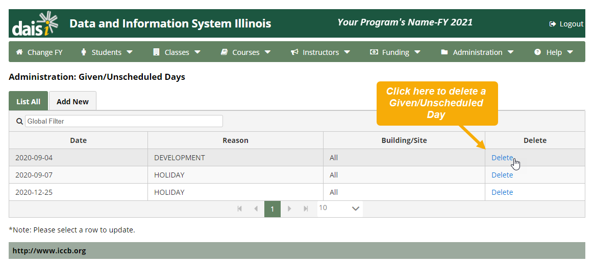 Administration: Given/Unscheduled Days page. A text box points to the "Delete" link and reads, "Click here to delete a Given/Unscheduled Day."