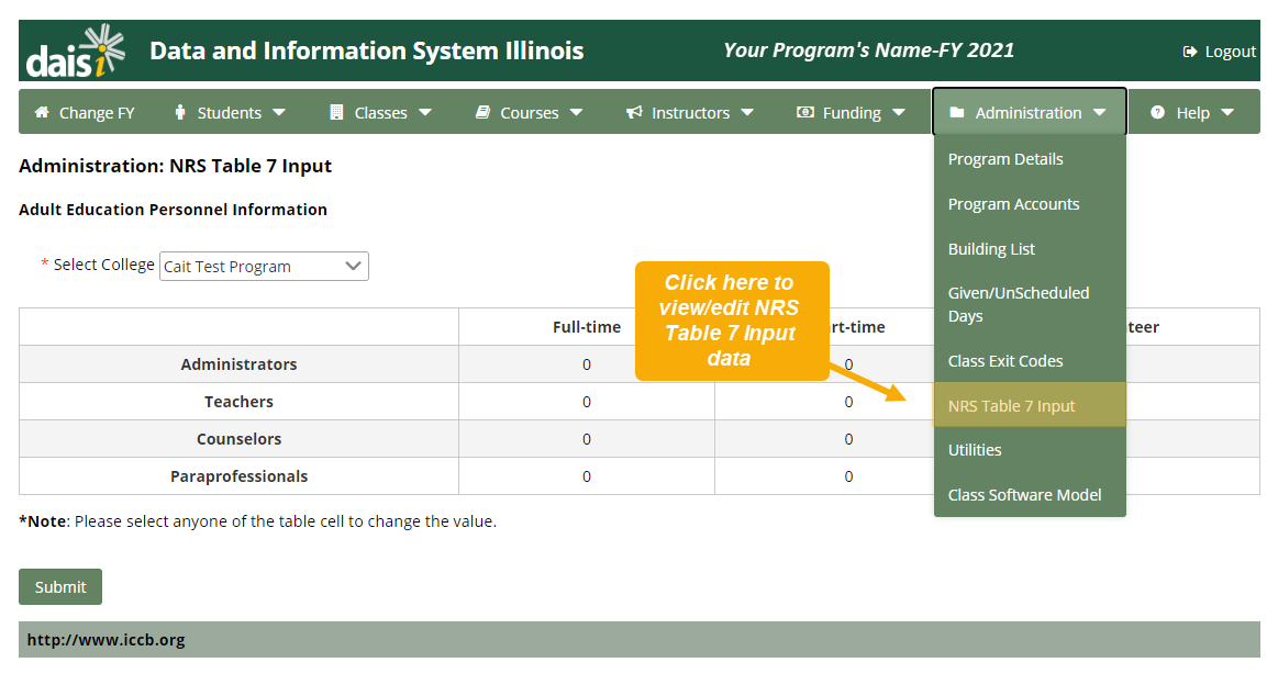 Administration: NRS Table 7 Input page 