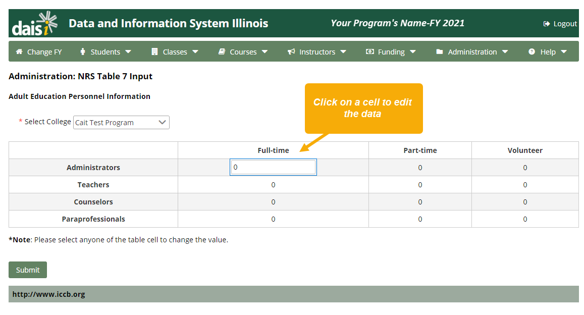 Administration: NRS Table 7 Input page. A text box points to a cell in the table and reads, "Click on a cell to edit the data"