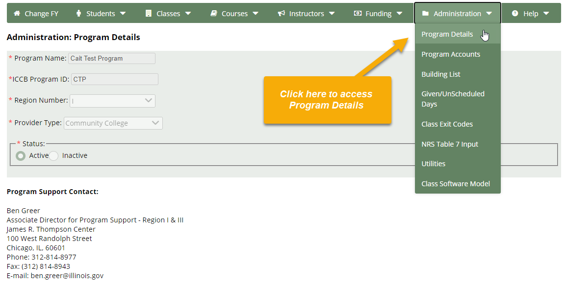 Administration: Program Details page with Administration drop-down menu expanded