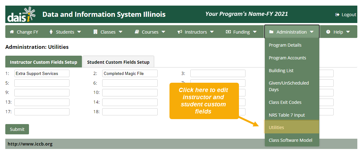 Administration: Utilities page