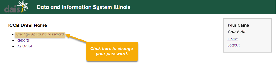 ICCB DAISI Home page with "Change Account Password" link highlighted