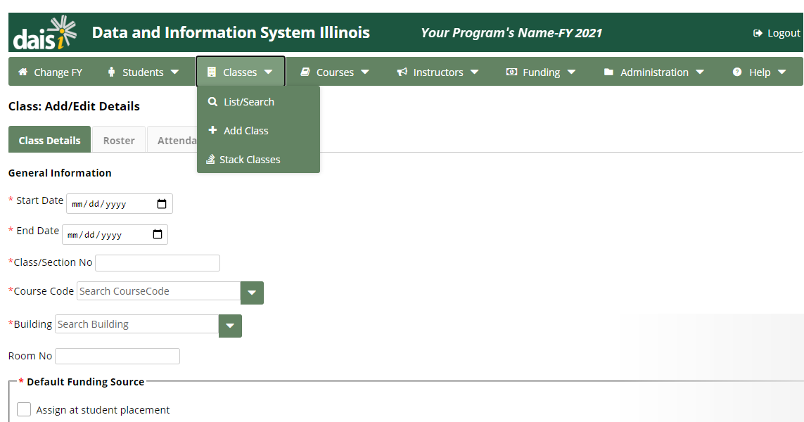 Class: Add/Edit Details page