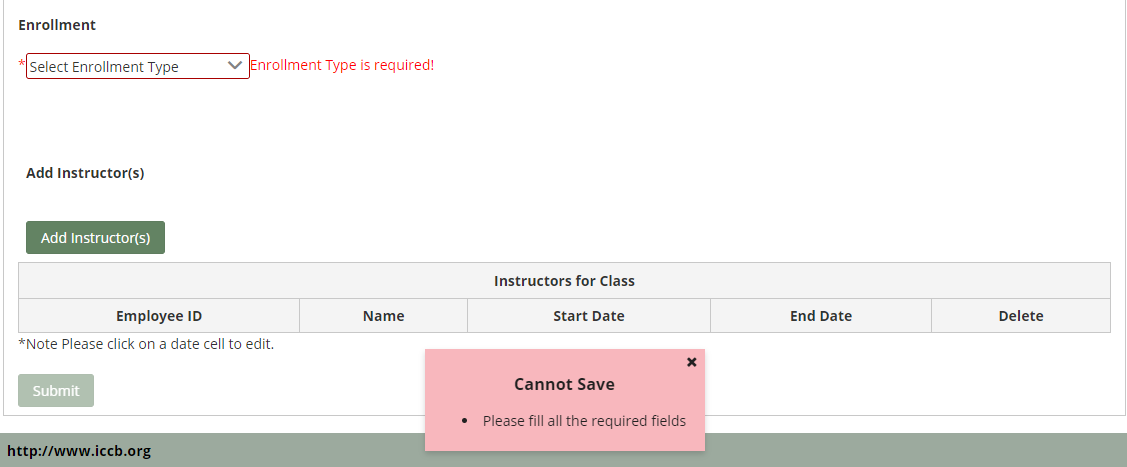 Bottom of Class: Add/Edit Class page with error message that reads: "Cannot Save; Please fill all the required fields"