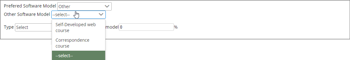 Preferred Software Model section with "Other Software Model" drop-down menu expanded