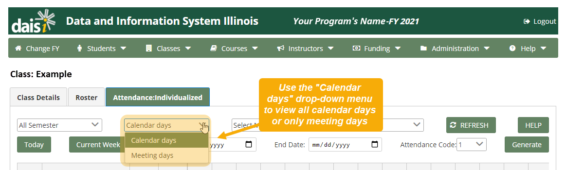 Class page with "Calendar Days" drop-down menu highlighted