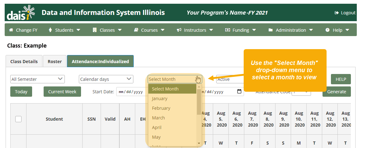 Class page with "Select Month" drop-down menu highlighted
