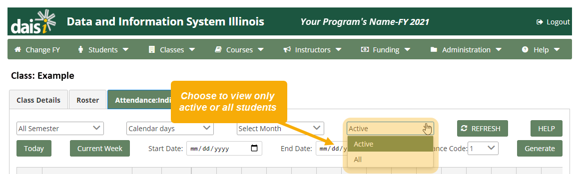 Class page with "Active" drop-down highlighted; a text box reads "Choose to view only active or all students"
