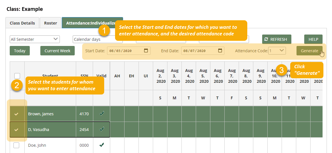 Individualized Attendance Grid with text boxes reiterating the directions for generating attendance