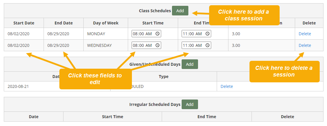 Class Schedules section with text boxes to emphasize Add, Delete, and edit options