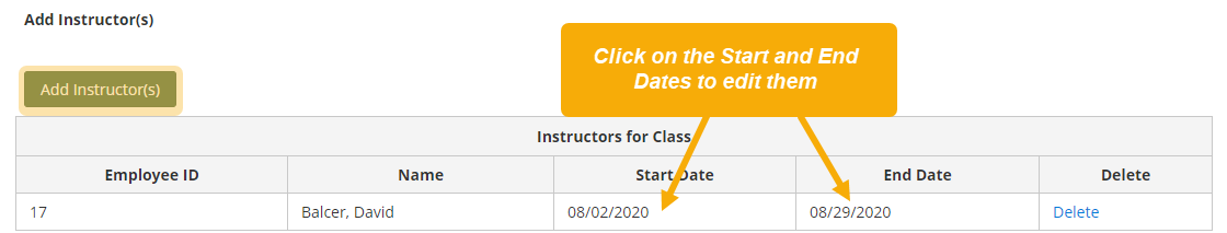 Add Instructors section with "Add Instructor(s)" button highlighted; a text box reads, "Click on the Start and End Dates to edit them"