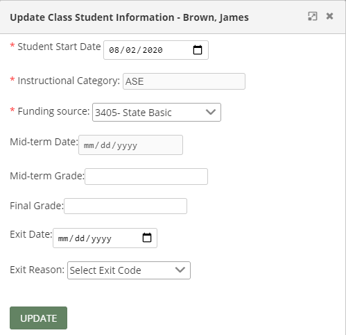 Update Class Student Information pop-up window