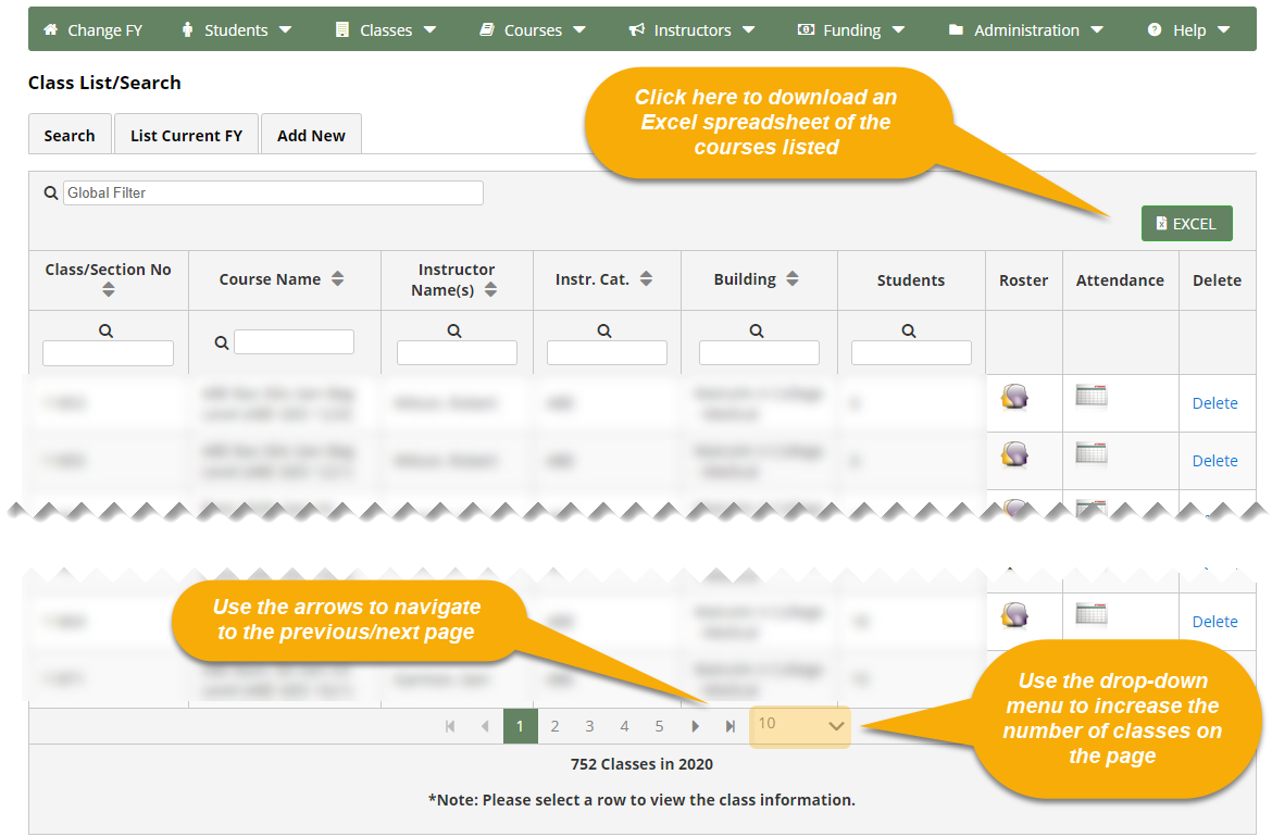 Class: List/Search page with Excel button, page arrows, and drop-down menu highlighted