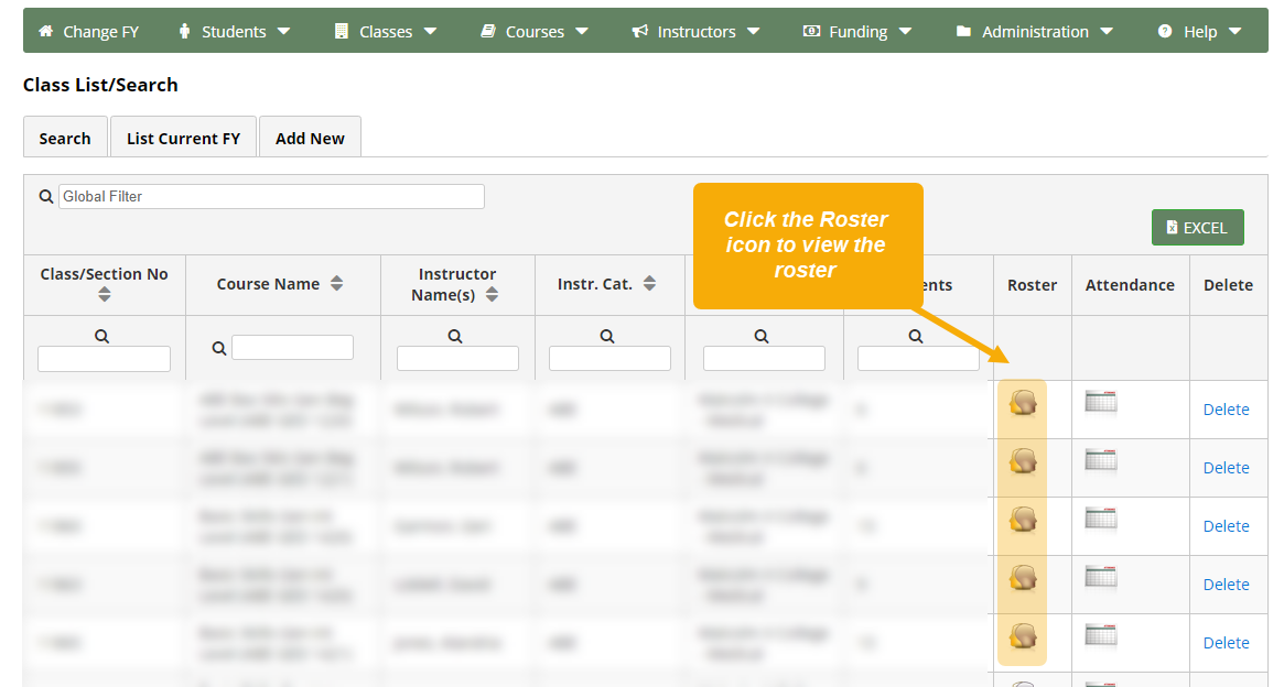 Class List/Search page with a text box that reads, "Click the Roster icon to view the roster"