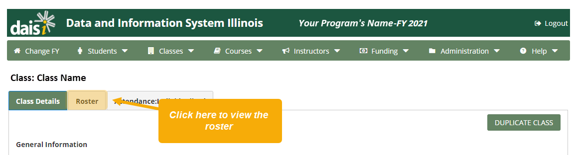 Class page with "Roster" sub-menu option highlighted
