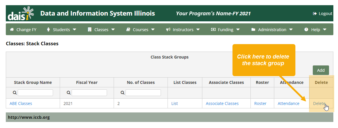 Classes: Stack Classes page with "Delete" column highlighted; a text box reads, "Click here to delete the stack group"