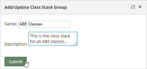 Add/Update Class Stack Group pop-up window