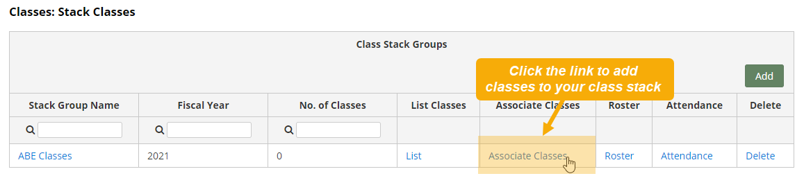 Classes: Stack Classes page with "Associate Classes" link highlighted