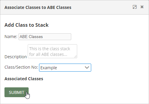 Associate Classes pop-up window 