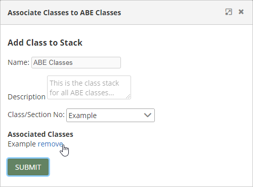 Associate Classes pop-up window with cursor hovering over "remove" link