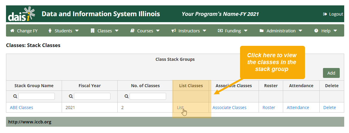 Classes: Stack Classes page with "List Classes" column highlighted; a text box reads, "Click here to view the classes in the stack group"