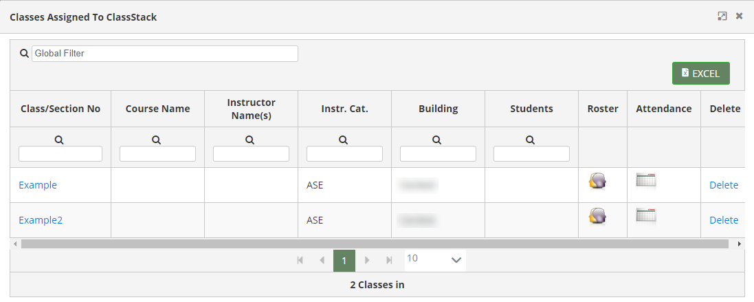Classes Assigned to ClassStack pop-up window with Associated Classes listed