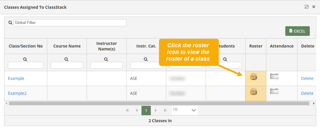 Classes Assigned to ClassStack pop-up window with Roster column highlighted