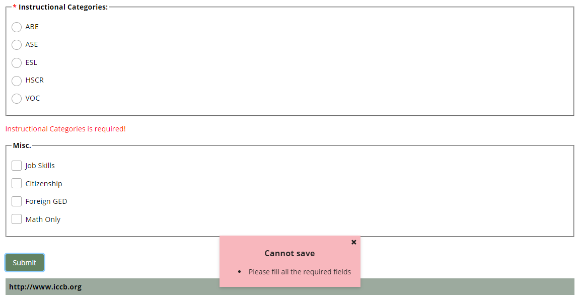 Bottom of Courses: Add Courses page with error message that reads: "Cannot save/Please all the required fields"