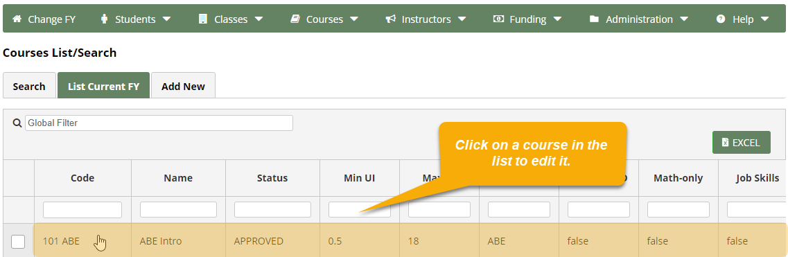 Courses List/Search page with a text box that reads, "Click on a course in the list to edit it"