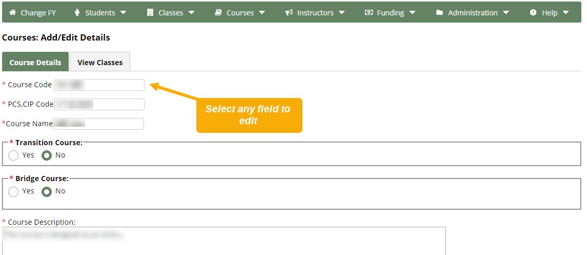 Courses: Add/Edit Details page with a text box that reads, "Select any field to edit"