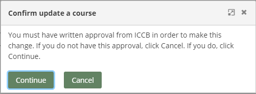 Confirm update a course pop-up window