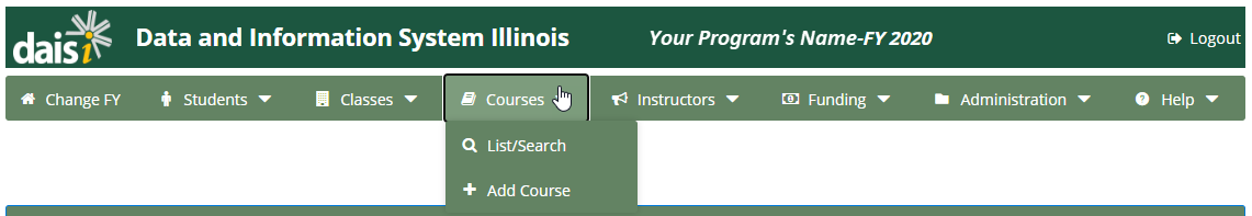 Navigation bar with Courses drop-down menu expanded