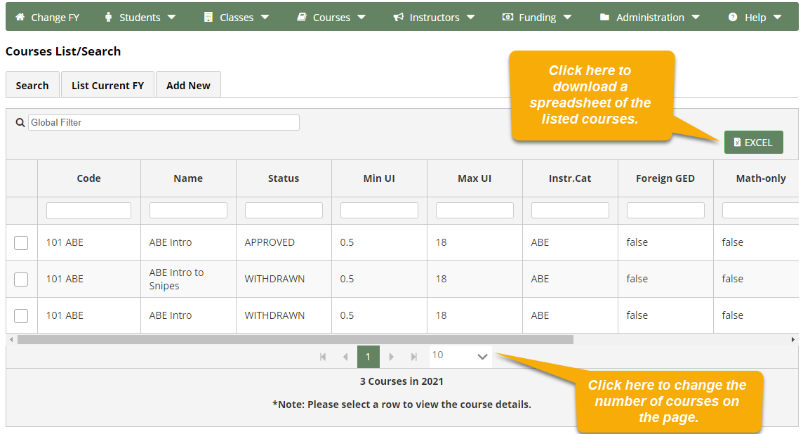 Courses List/Search page with Excel button and drop-down to change the number of items on the page options emphasized