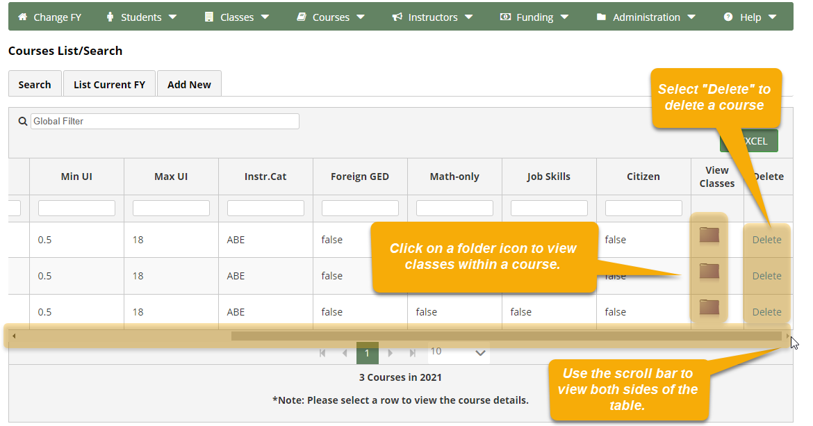 Courses List/Search page with Delete column, View Classes column, and left/right scroll bar emphasized