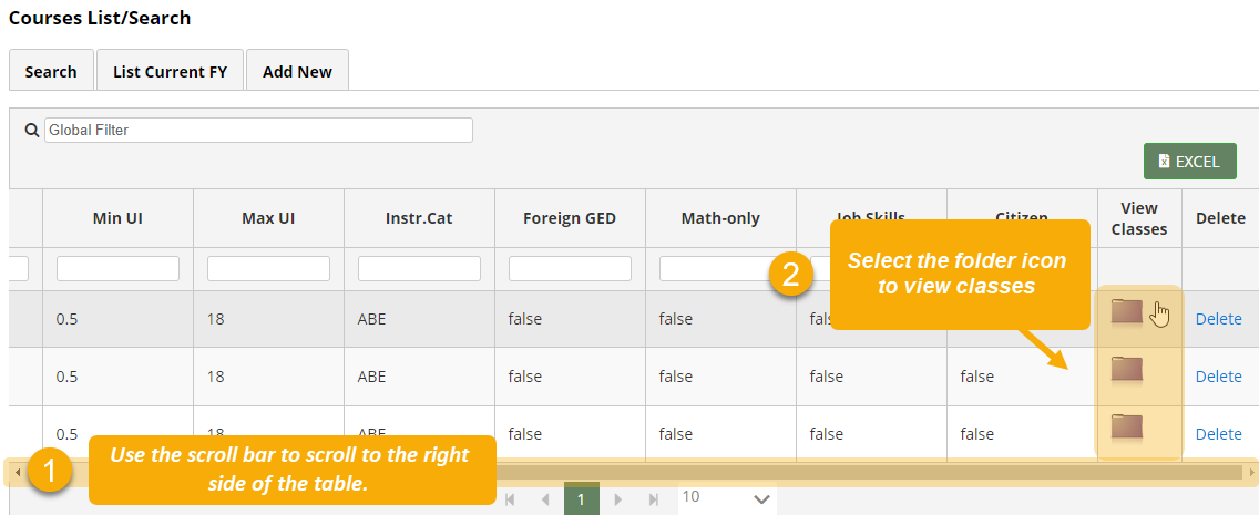 Courses List/Search page with text boxes that instruct users to scroll to the right and select the folder icon to view classes