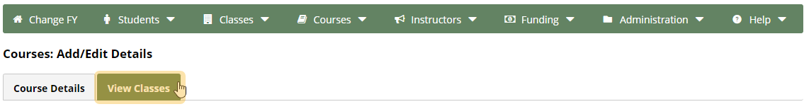 Courses: Add/Edit Details page with "View Classes" sub-menu option highlighted