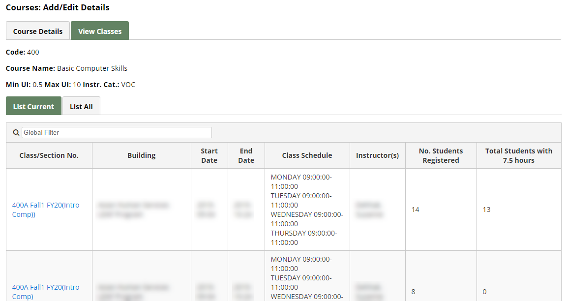 Courses: Add/Edit Details page with "View Classes" tab selected; a list of classes in the course is shown