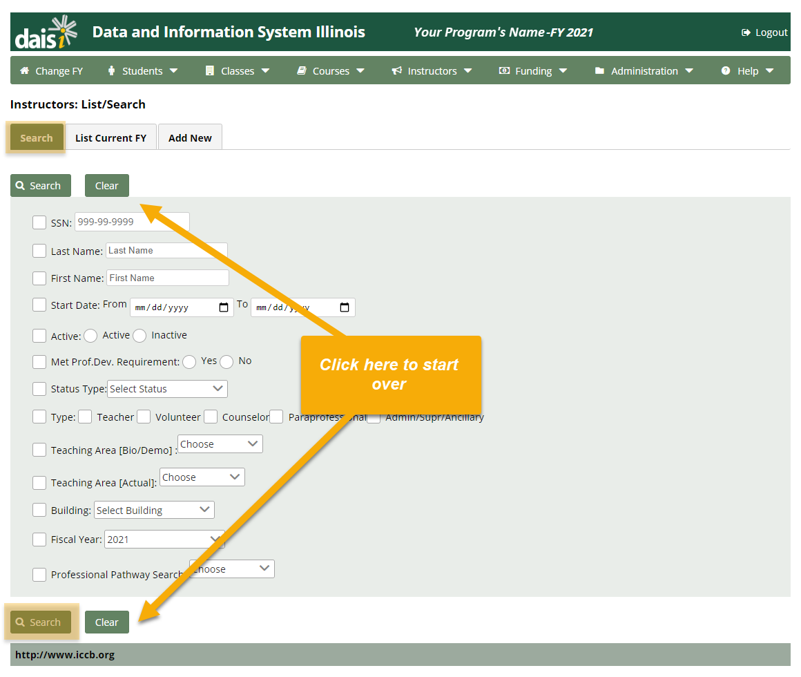 Instructors: List/Search page with Search and Clear buttons emphasized