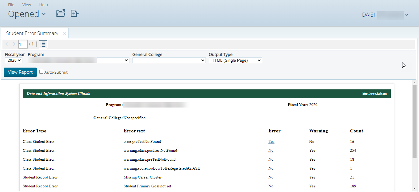 Pentaho Student Error Summary Report page