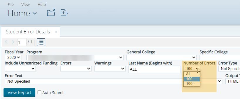 Pentaho Student Error Details Report page with "Number of Errors" drop-down menu highlighted